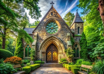 Fototapeta premium Majestic stone church with grand arched entrance and stained glass windows, set amidst lush greenery, evoking feelings of serenity and spiritual giving.