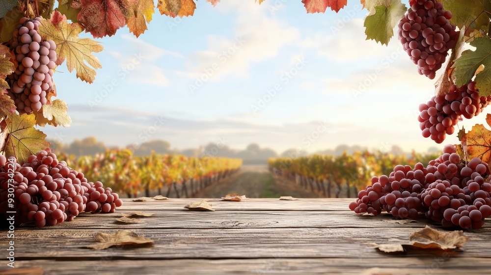 Poster a beautiful view of a vineyard with a wooden table in the foreground. the table is covered with a bu