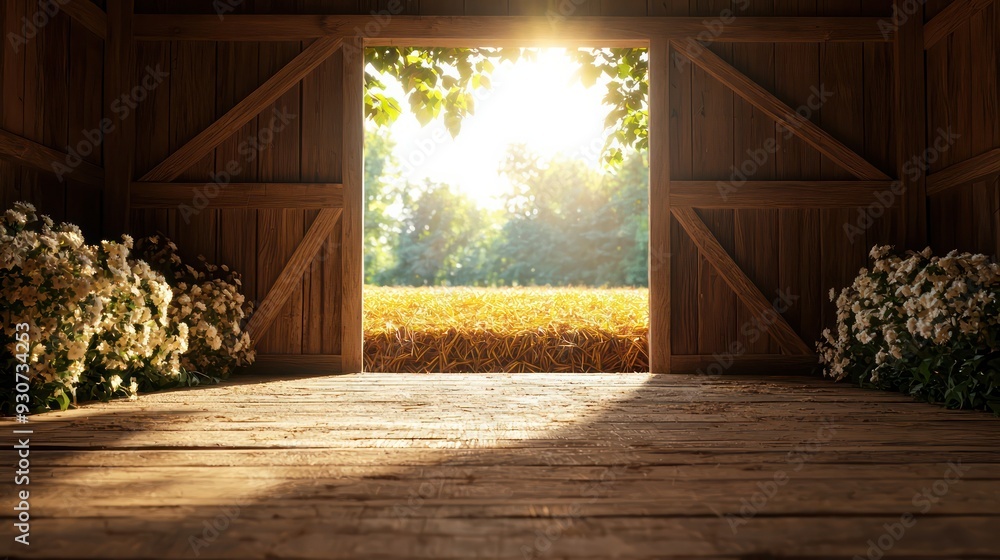 Poster a barn with a door open to the outside. the inside of the barn is empty and has a lot of sunlight co