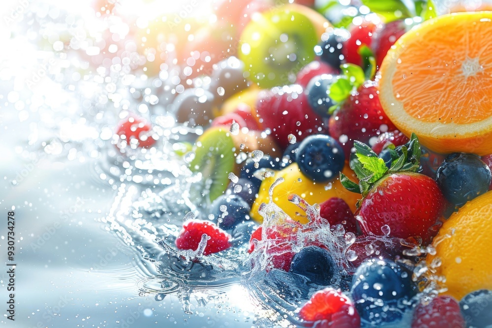Poster a close-up view of a bowl of fresh fruit with water splashing on the surface