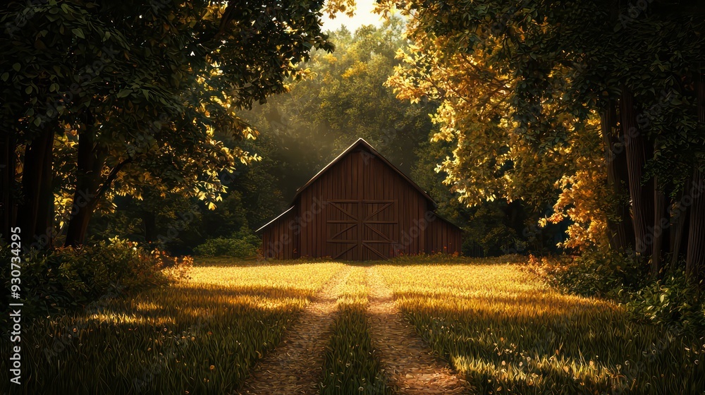 Poster a rustic barn sits in a field of tall grass. the barn is surrounded by trees and the sun is shining 