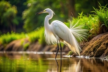 Obraz premium Majestic white egret stands serenely on muddy riverbank, delicate feathers ruffled by gentle breeze, amidst lush green vegetation and subtle water reflections.