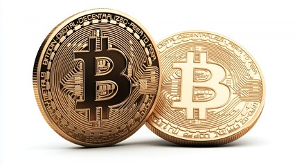 Two gold-colored Bitcoin coins representing cryptocurrency.