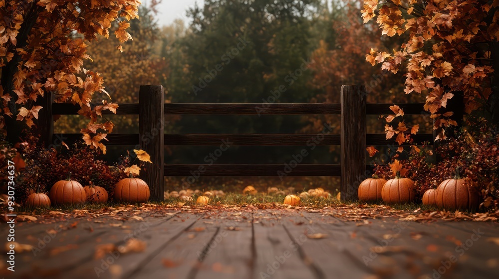Poster A wooden fence with a gate and a path of leaves leading to it. The gate is open and there are pumpkins on the path