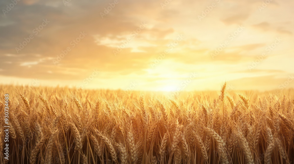Poster a field of golden wheat with a bright sun in the background. the sun is setting, casting a warm glow
