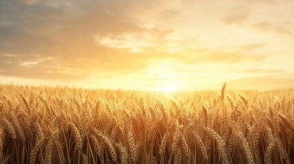 Fototapeta premium A field of golden wheat with a bright sun in the background. The sun is setting, casting a warm glow over the field. The scene is peaceful and serene, with the wheat swaying gently in the breeze