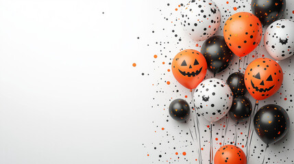  Halloween balloons with a white space for text on the right side, top view. Happy Halloween party decoration design