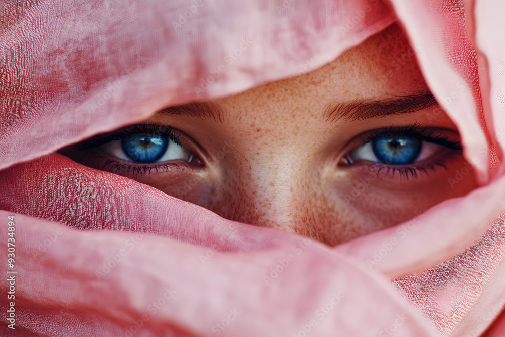 Poster Close-up of a woman’s face half-covered by a pink fabric, emphasizing her blue eye and fair skin