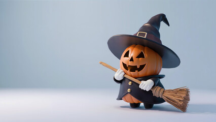 Obraz premium pumpkin wearing witch hat and holding broom stick 