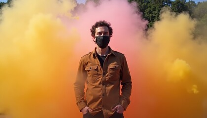 A man in a mask stands confidently amidst vibrant colored smoke, capturing a moment of creativity and expression, ideal for lifestyle, fashion, or promotional content.