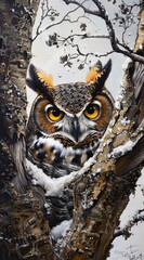 Naklejka premium A painting of an owl sitting in a tree in the snow