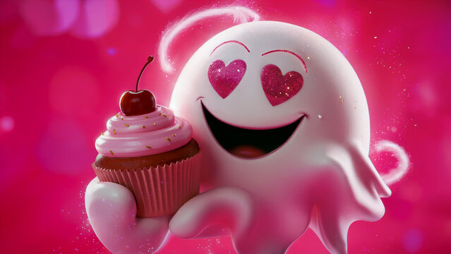 cute white ghost with heart shaped eyes holding a cupcake