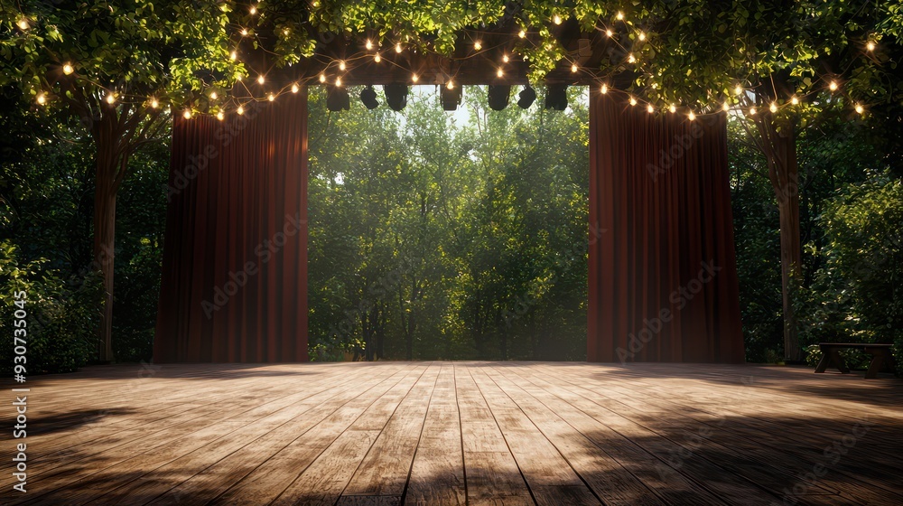 Poster A stage set with red curtains and lights hanging from the trees