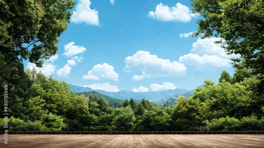 Poster a beautiful view of a forest with a clear blue sky. the sky is dotted with clouds, and the trees are