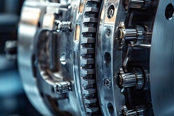 Complex engine is being assembled at an industrial facility, close-up