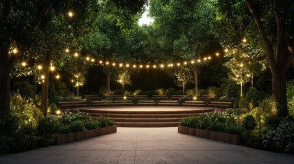 A park with a stage and a seating area lit up with lights
