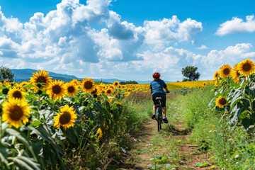 Cyclist on path through sunflower field