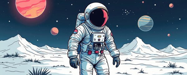 A colorful illustration of an astronaut exploring a distant planet, surrounded by celestial bodies. Perfect for space-themed projects, science fiction, and educational purposes.