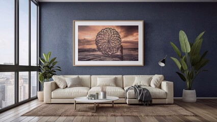 Modern interior with a large sofa and a large window. Photo frame on the wall. Design project of the living room.
