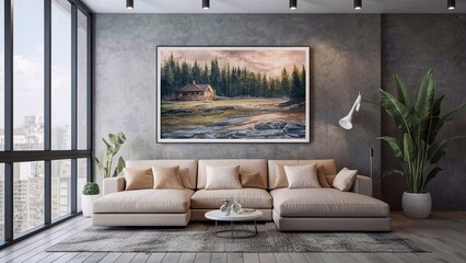 Modern interior with a large sofa and a large window. Photo frame on the wall. Design project of the living room.