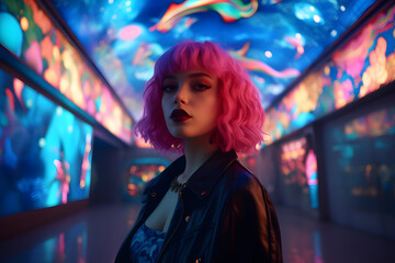 Fototapeta premium woman with pink short hair and a blue jacket is standing in front of a pink neon night club