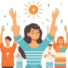 Christian young girl people hands raised worship pray to look flat vector illustration