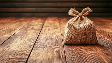 A rustic burlap sack tied with a bow on a wooden floor, perfect for showcasing themes of farming and natural materials.