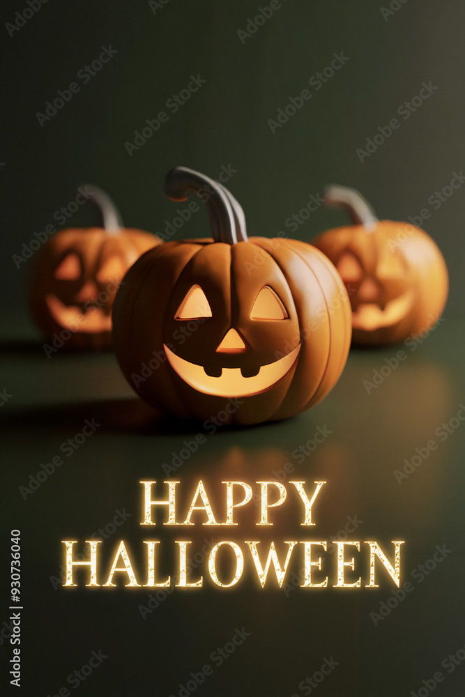 Wall mural 3d smiling pumpkin poster with happy halloween text