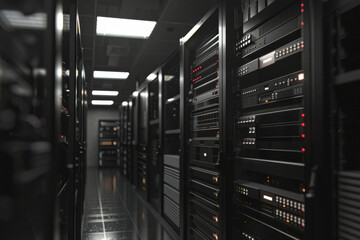 Futuristic server room with glowing lights