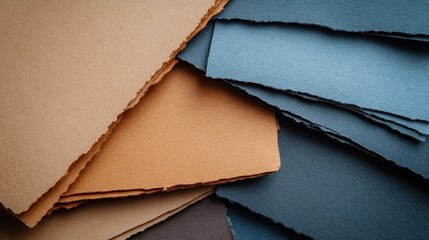 A selection of paper sheets in various shades of blue and brown, piled together, highlighting the different textures and rough edges indicative of hand-torn papers.