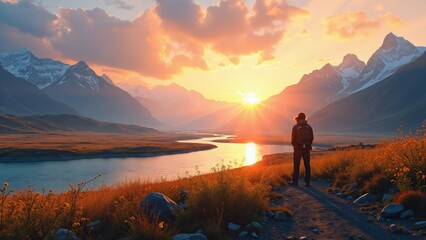 Fototapeta premium Solitary Trekker at Sunset in Mountainous Terrain