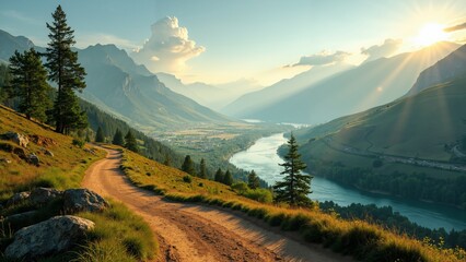 Winding dirt road leading through a picturesque valley
