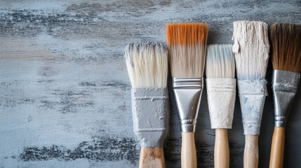 A close-up image of five paintbrushes with different sizes and textures, showing varying degrees of wear, lined up on a rustic wooden table, suggesting frequent use.