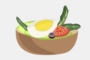 Sandwich with bread, egg, greens, tomato. Fast food. Cooking lunch, dinner, breakfast. Natural product. Healthy and tasty food ideas. Design for menu. Vector illustration in cartoon style