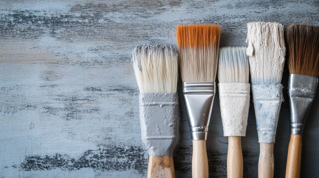 A close-up image of five paintbrushes with different sizes and textures, showing varying degrees of wear, lined up on a rustic wooden table, suggesting frequent use.