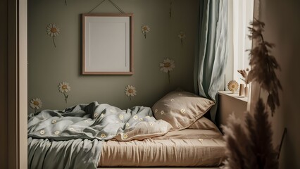 stokrotki, Przytulna sypialnia, drewniane łóżko w kształcie domku, pastelowe zielenie, beżowe odcienie, minimalistyczne dodatki, motyw stokrotek, pościel z wzorem stokrotek, dekoracje stokrotki, 