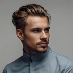 Obraz premium sporty man in a gray jacket with a zipper, stylish activewear for outdoor activities, studio portrait perfect for fitness and sports themes