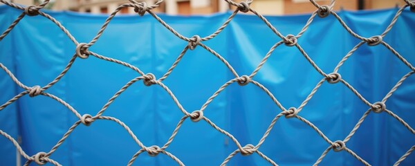 Fototapeta premium Close-up of a chain link fence with a blue backdrop, ideal for construction, security, or privacy themes in business presentations or marketing materials.