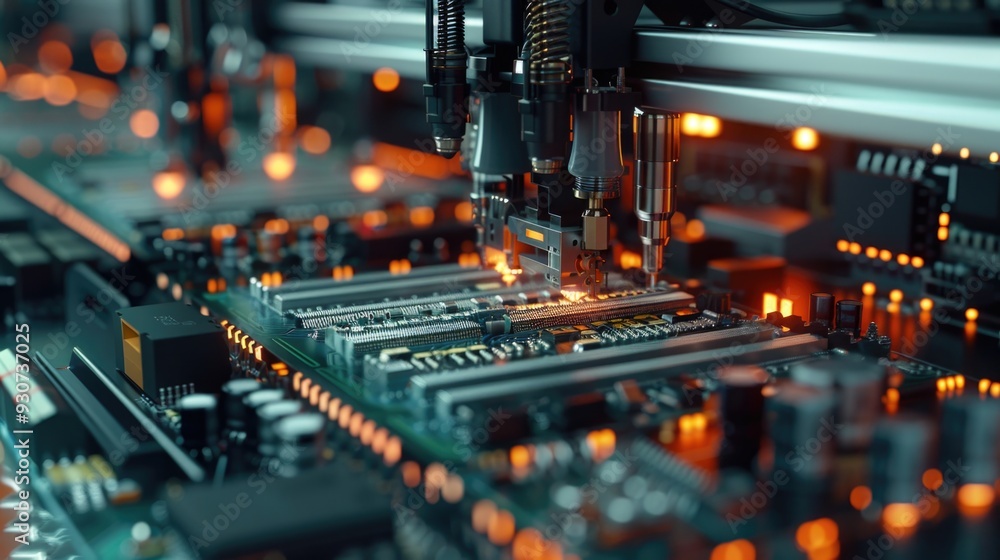 Poster high-resolution image of a computer motherboard showing its components and wiring