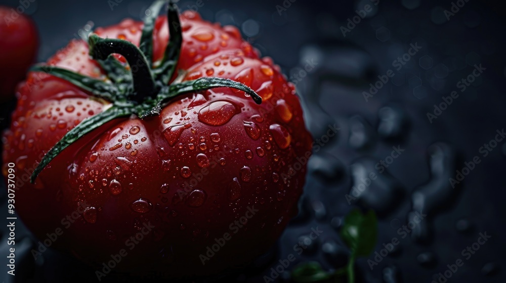 Sticker close up shot of a red tomato with large water droplets on a dark background