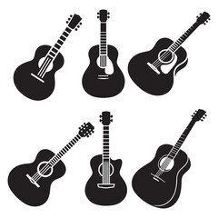 Fototapeta premium Electric guitar silhouette set on white background, Acoustic guitar silhouette, Acoustic and heavy rock electric guitars musical instruments