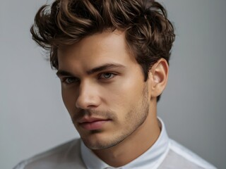 Obraz premium side profile of a stylish man in a white shirt with perfectly styled hair, serious and focused expression suitable for modern or artistic lifestyle themes