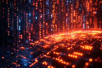 Close-up of digital data streams and binary code