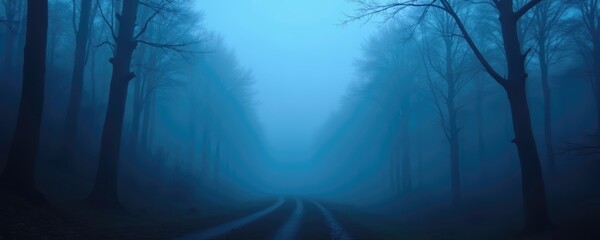 A mysterious foggy forest path, evoking feelings of tranquility and solitude. Perfect for themes of nature, exploration, or meditation.