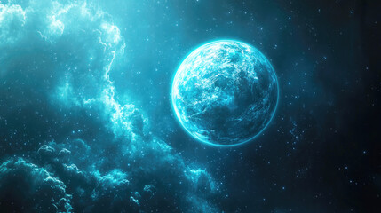 Obraz premium A stunning illustration of a bright, blue-hued planet surrounded by wisps of cosmic clouds, set against the deep, dark expanse of space, evoking wonder.
