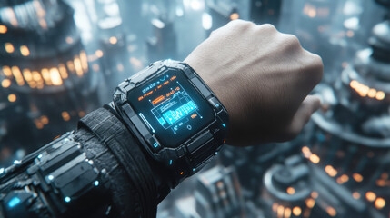 A high-tech futuristic wristwatch on a cyborg's arm, showcasing digital readouts and advanced technology set in a modern, urban background.