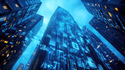 Skyscraper adorned with blue digital patterns and illuminated symbols, illustrating advanced technology and a futuristic urban environment.