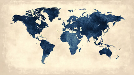 A world map with a watercolor style texture on a beige background, highlighting continents and borders in a creatively artistic depiction.