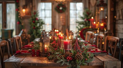 Candlelit Christmas Dinner Table with Festive Decorations