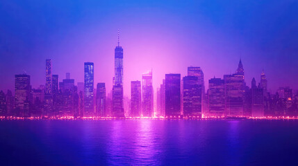 Obraz premium A stunning cityscape captured in the evening with a vibrant purple glow reflecting off the river, highlighting the beautiful skyline structures.